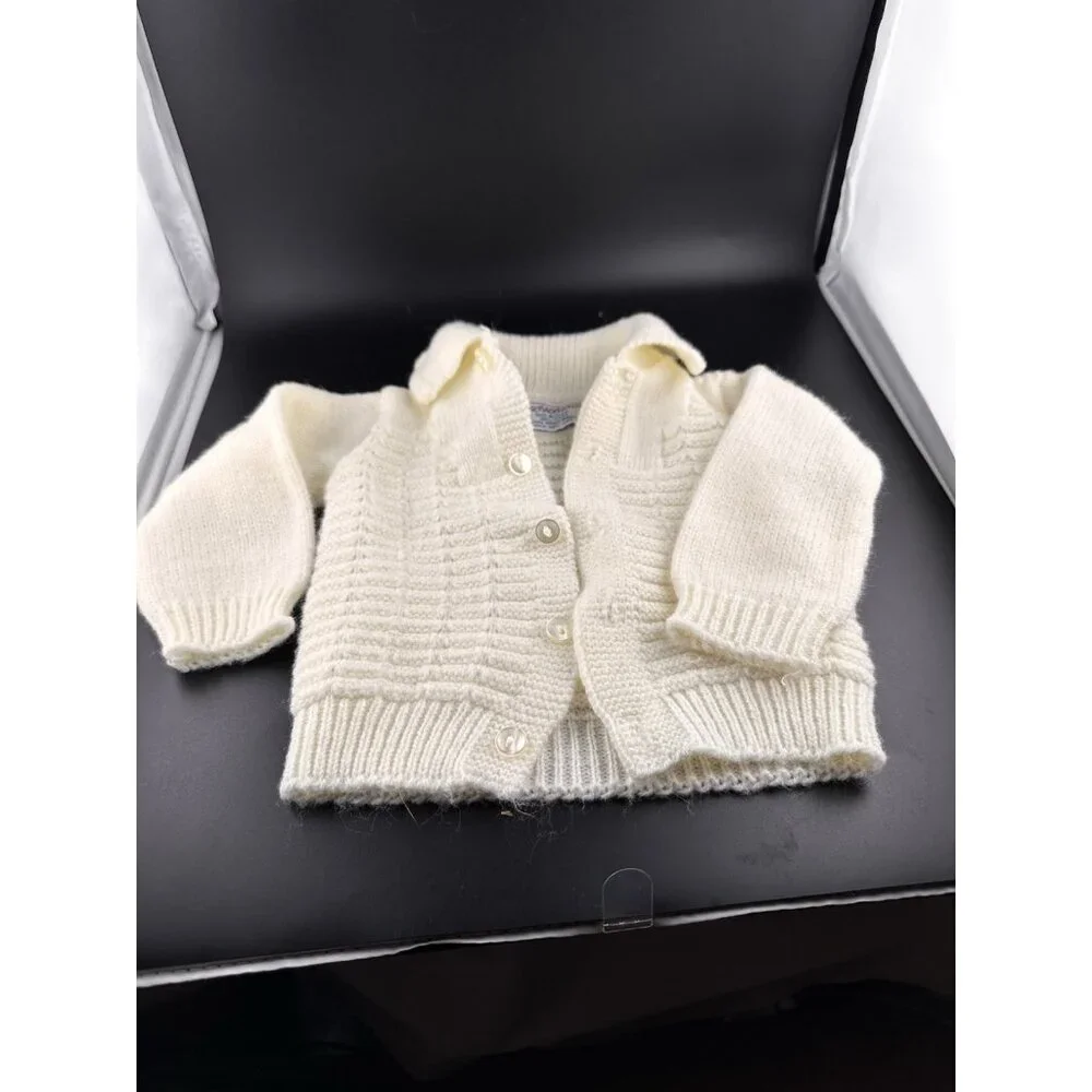 CradleKnit Sweater 6-12 months Unisex White Button‎ Down Acrylic Reborn Doll Vtg